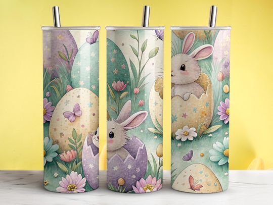 Easter Bunny Tumbler Wrap 20oz Skinny Sublimation Design Spring Egg and Floral   Cute Gift for Easter Celebration