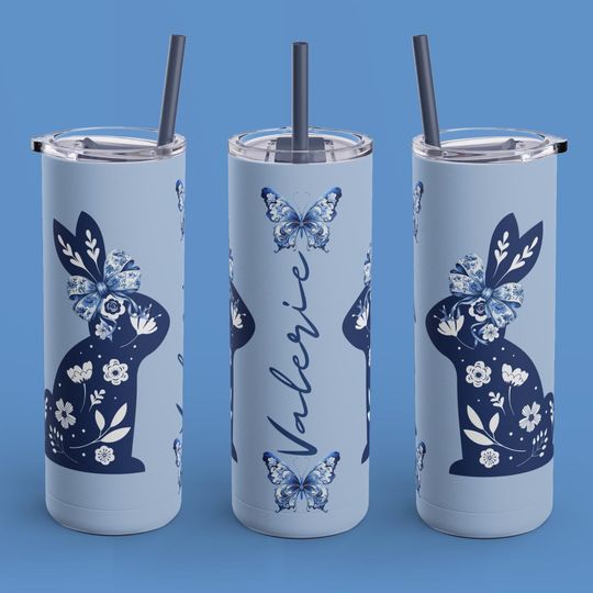 Custom Name Skinny Tumbler Wrap | Coquette Easter Bunny Toile Chinoiserie Bow | 20oz  | Teachers Gifts