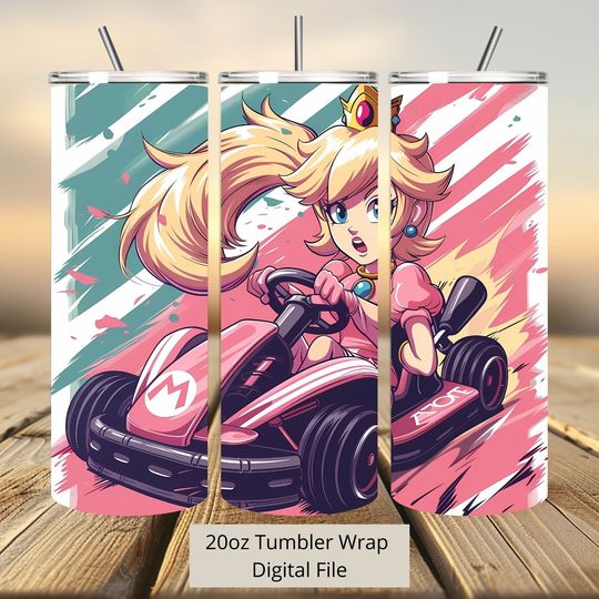 3D Princess Peach Kart Tumbler Wrap, Super Mario Tumbler Wrap Sublimation Design  , 20oz Skinny Straight & Tapered Peach Tumbler Wrap
