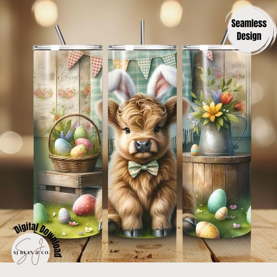 Highland Cow Easter Tumbler Wrap 20 oz Skinny Tumbler Sublimation Design  , Bunny Ear Highland Cow Easter Tumbler