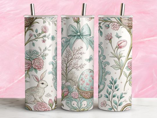 Easter Floral Tumbler Wrap 20oz Skinny Sublimation toile de Jouy Design Vintage chinoiserie  Straight Tapered coquette