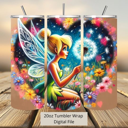 3D Tink Heart Flowers Tumbler Wrap, Princess Tumbler Wrap Sublimation Design  , 20oz Skinny Straight & Tapered Tinkerbell Tumbler Wrap
