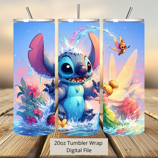 3D Tinkerbell Stitch Water Tumbler Wrap, Princess Tumbler Wrap Sublimation Design  , 20oz Skinny Straight & Tapered Stitch Tumbler Wrap