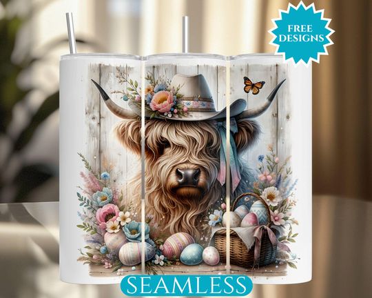 Cute Highland Cow Easter Spring Tumbler Wrap, Seamless 20 Oz Skinny Tumbler,  , Highland Cow Easter Tumbler,  Easter Egg