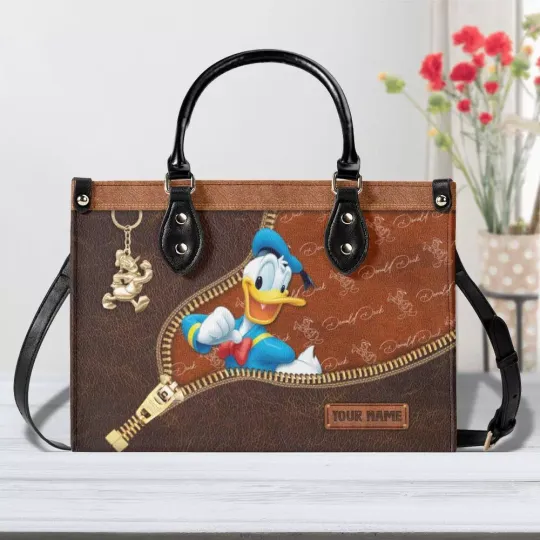 Personalized Donald Duck Brown Leather Handbag, Vintage Disney Charm, gift Woman