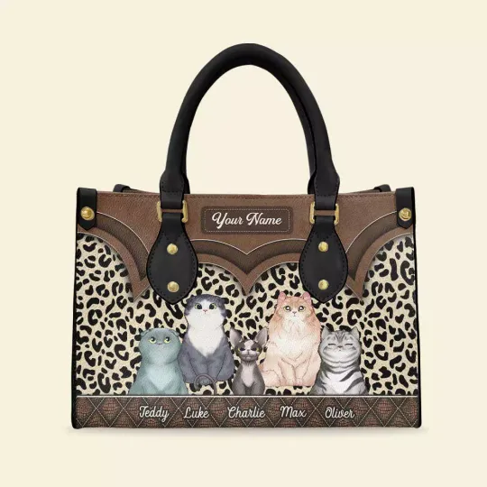 Personalized Cat Mom Leather Handbag, Leopard Patter Leather Handbag, gift Mom