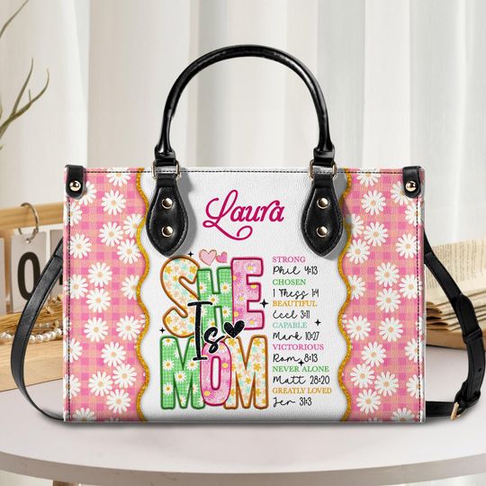Personalized She is Mom Leather Handbag, Custom Mother's Day Gift For Mum, Blessed Mom Gift, Retro Mom Life Handbag, Christmas Gift