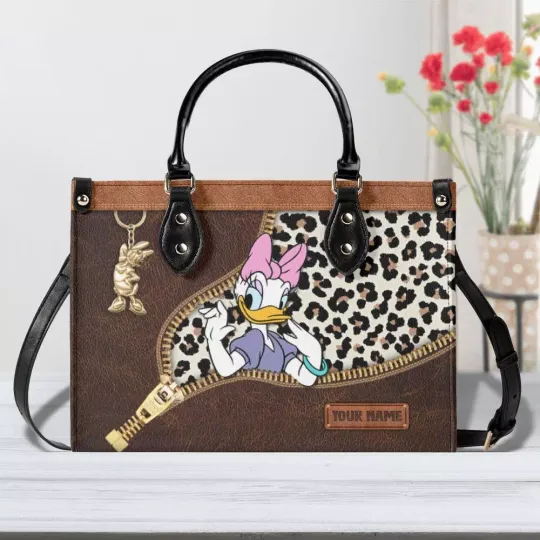 Personalized Vintage Leather Handbag with Daisy Duck, Classic Disney, gift Woman
