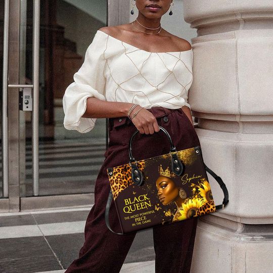 Custom Name Black Women Pu Leather Handbag, Personalized Beauty Afro Woman Bags, Mother's Day Gift For Black Mom, African American Bags