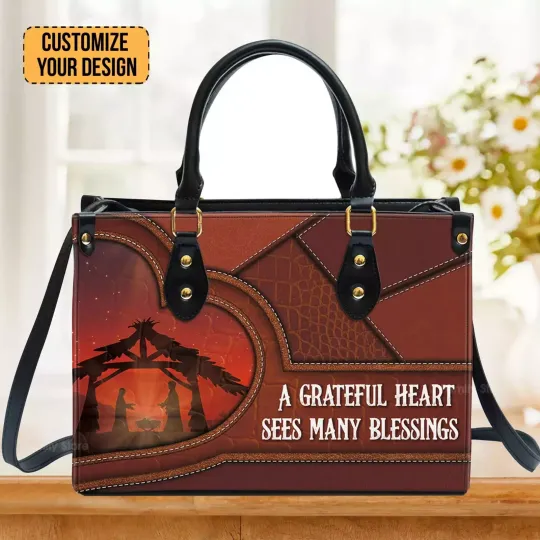 Personalized A Grateful Heart Sees Many Blessings Leather Handbag