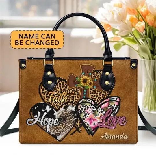Personalized Christian Leather Handbag, Faith Hope Love Leather Bag