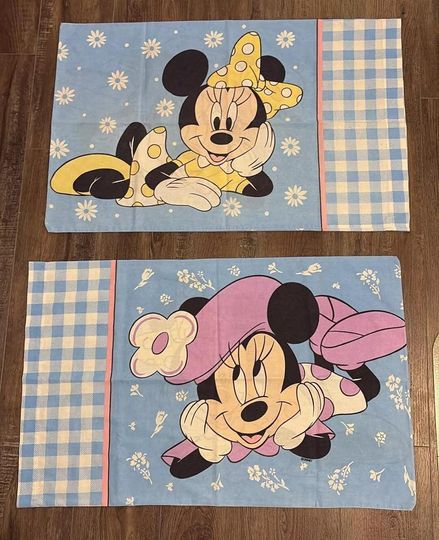 Vintage 90s Disney Minnie Mouse Blue & White Floral Print Pillowcase Two-sided 2