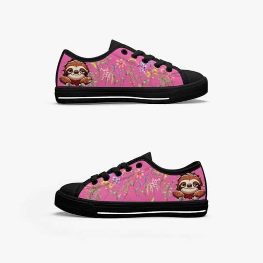 Kid's Low-Top Canvas Shoes-Black Cute Sloth Canvas Shoes for Girls  3D Smiling Sloth Peeking Through Brick Wall  High & Low Top Sneakers