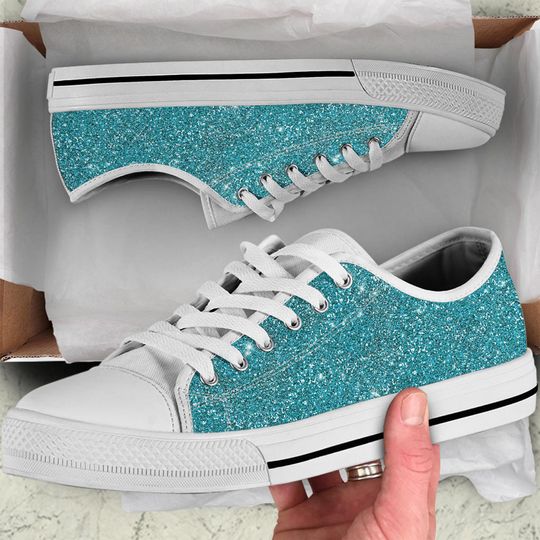Blue Sparkle Glitter Low Top Sneakers, Birthday Gifts for Girlfriend Tie Sneakers Casual shoes