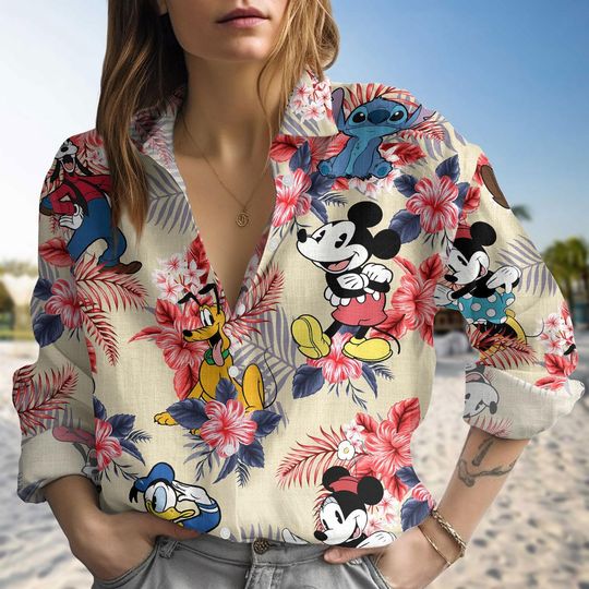 Mickey and Friends Hawaiian Linen Shirt, Summer Mickey Shirt, Disney Gifts for Women, Disney Mickey Woman Shirt, Gift For Her