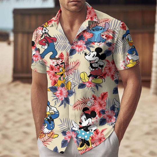 Mickey and Friends Hawaiian Shirt, Mickey Short, Summer Mickey Button Shirt, Mickey and Friends Gifts, Minnie Mouse Summer Hawaiian Shi