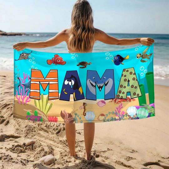 Personalized Disney Finding Nemo Beach Towel, Marlin Dory Darla Bruce Kid Beach Towel, Nemo Lover Gift, Disney Kid Bath Pool Towel