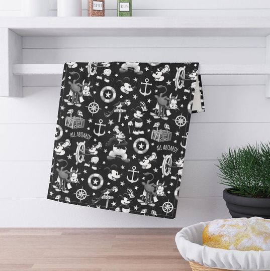 Steamboat Willie Tea Towel - Vintage Mickey Kitchen Decor, Disney Fan Gift, Mickey Mouse Dish Cloth, Classic Mickey Home Decor