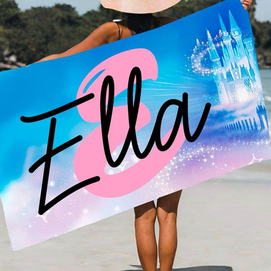 Discover Magical princess castle personalized name customized luxury beach towel -