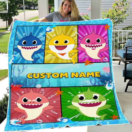Personalized Baby Shark Blanket, Baby Shark Family Blanket, Shark Doo Doo Blanket For Couch Sofa, Shark Lover Birthday Gift