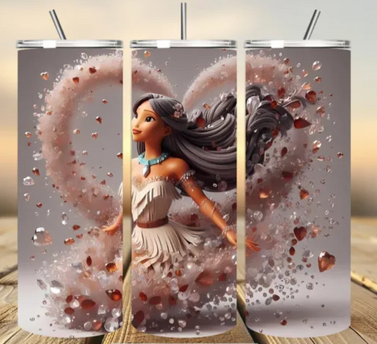3D Heart Pocahontas Tumbler Wrap, Princess Tumbler Wrap Sublimation Design  , 20oz Skinny Straight & Tapered Love Pocahontas Tumbler Wrap