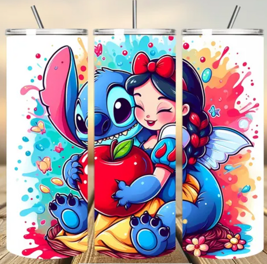 3D Snow White Love Stitch Tumbler Wrap, Princess Tumbler Wrap Sublimation Design  , 20oz Skinny Straight & Tapered Stitch Tumbler Wrap