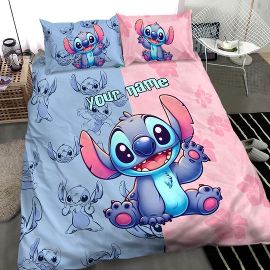 Personalized Cute Stitch Ohana Means Family Blue And Pink Themed Bedding Set