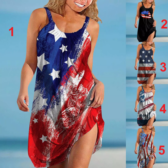 Women's Summer Independence Day American Flag Printed Loose Casual Sling Dress
