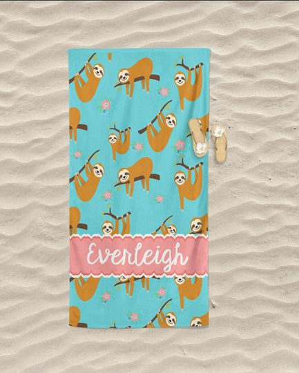 Personalized Monogram Beach Towel Sloth Print Towel Personalized Personalized Sloth Print Towel, Sloth Towel, Cactus Towel