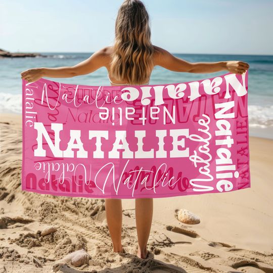 Personalized Beach Towel with Name, Oversized Custom Monogram Pool Towel, Signature Beach Towel For Kids,  Vacation Gift, Picnic Towel