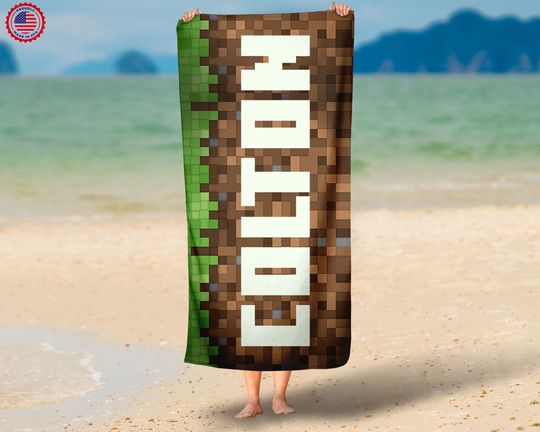 Personalized Minecraft Inspired Beach Towel, Gamer Towel, Custom Name beach towel ,Pool Towel ,Summer Gift, Spring Break Towel, Kids Towel