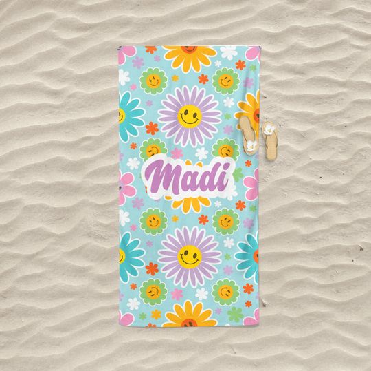 Personalized Monogram Beach Towel, Retro Beach Towel, Personalized Retro Flower Towel, Smile Name Towel, Smiley Towel