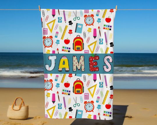 Custom Back to School Beach Towel, Personalized School Essential Gift, Custom Kids Name Beach Towel, Cute Teacher Gift, Teacher Appreciation