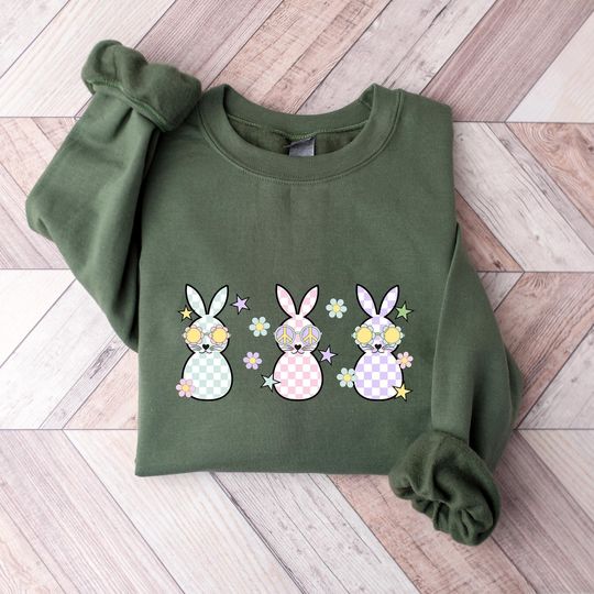 Discover Cute Bunny Sweatshirt, Easter Rabbit Sunglasses Crewneck, Easter Sweater, Retro Easter Shirt, Easter Gift Mom, Easter Spring Outfit Women