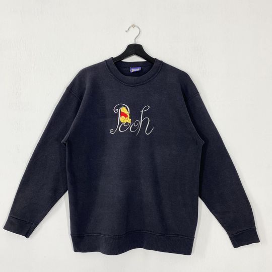 Vintage Winnie The Pooh Sweatshirt Pooh Crewneck Disney Eeyore Pooh Sweater Pullover Piglet Goofy Donald Duck Embroidered Logo Black Medium