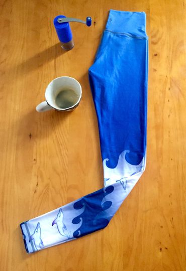 Dolphins, Hand-Sketched, Unique Yoga Wear, Blue, Organic Yoga Pants. Soft, Sustainable, RECYCLED PLASTIC. Eco Yoga Leggings. High Waisted