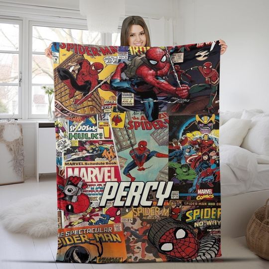 Personalized Superhero Blanket,Custom Spider Man Friends,Custom Captain America Blanket Birthday Gift for Kids/Boys