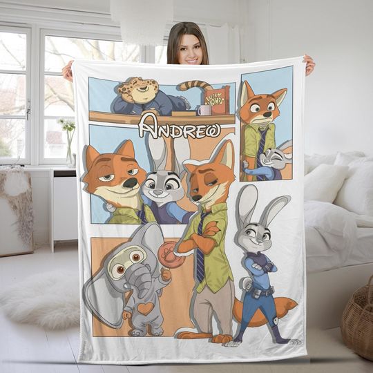 Personalized Watercolor Disney Zootopia Blanket,Custom Baby Judy Hopps Nick Wilde Birthday Boy/Girl Gift, WDW Disneyland Couple Gifts