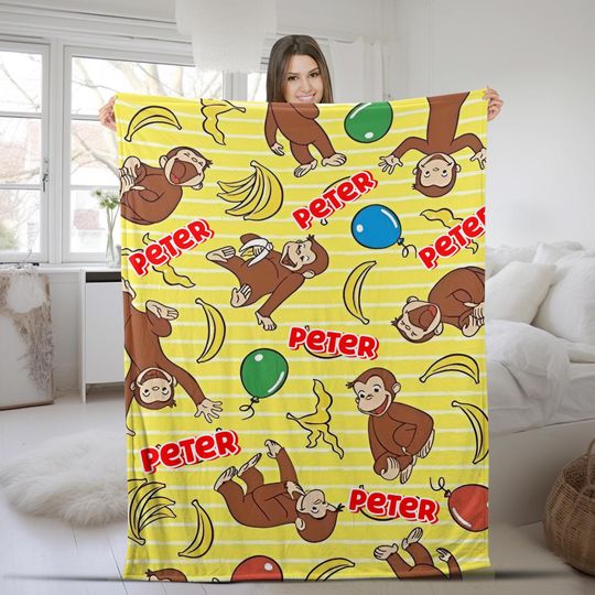 Personalized Size and Name Curious George Blanket, Baby Shower Gift, Custom Sherpa Fleece Blanket, Curious George Sofa Decor