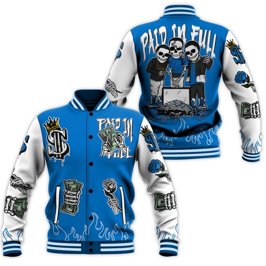 Dunkare Blueberry 12s Baseball Varsity Jacket, Fire Everybody Paid In All Over Print Letterman Jackets