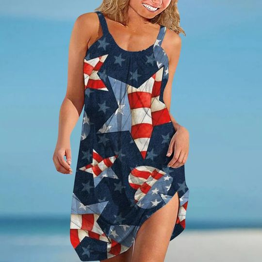 Summer Women's Independence Day American Flag Printed Loose Casual Sling Dress