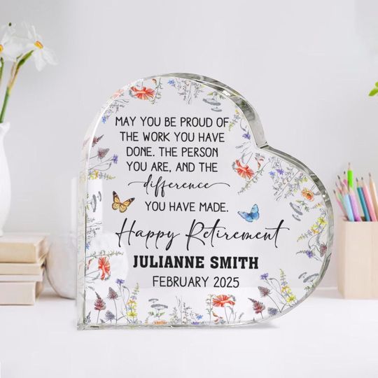 Personalized Retirement Heart Acrylic Plaque, Happy Retirement Plaque, Thank You Gifts, Message Gift, Coworker Gift, Retirement Gift