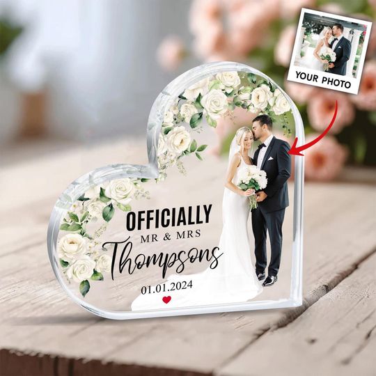 Personalized Officially Mr & Mrs Acrylic Plaque, Photo Couple Plaque, Wedding Keepsake Gift, Married Plaque Gifts, Just Married Decor