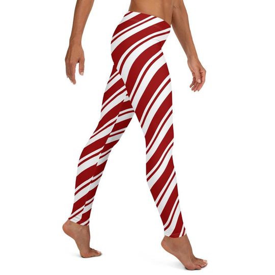 Candy Cane Striped Leggings, Christmas Holiday Red White Peppermint, Full Length, Elf Santa's Helper Stocking Adult Costume, Stretchy Tights