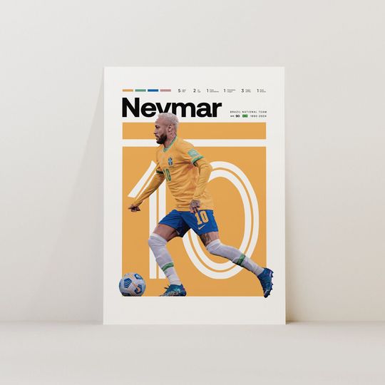 Neymar Poster, Brazil Soccer Poster, Soccer Gifts, Sports Poster, Football Player Poster, Soccer Wall Art, Sports Bedroom Posters