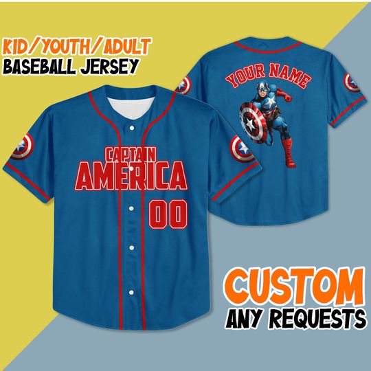 Custom Captain America Baseball Jersey, Captain America Marvels Avengers Assemble Superhero, Disney Baseball Jersey Teams