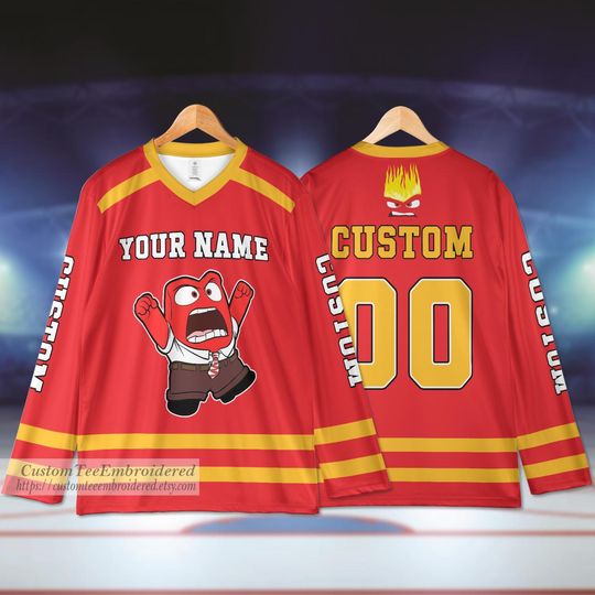 Personalized Inside Out Anger Red Hockey Jersey,  Personalised Ice Hockey Jersey Sweatshirt Team Sports Disneyland Family Trip Birthday Gift