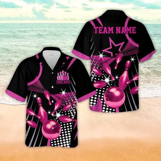 Personalized Name Starburst Dot Pattern Bowling Hawaiian Shirt, Custom Color Bowling Button Up Shirt For Bowler, Matching Bowling Team Shirt