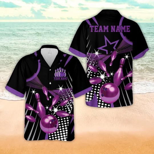 Personalized Name Starburst Dot Pattern Bowling Hawaiian Shirt, Custom Color Bowling Button Up Shirt For Bowler, Matching Bowling Team Shirt