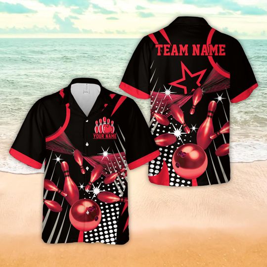 Personalized Name Starburst Dot Pattern Bowling Hawaiian Shirt, Custom Color Bowling Button Up Shirt For Bowler, Matching Bowling Team Shirt